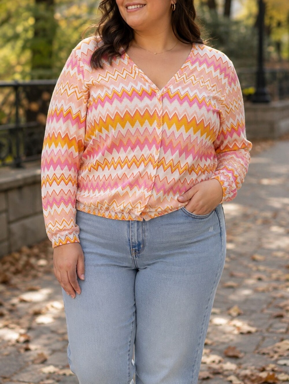Y2K Liz Claiborne Pink Orange Yellow Chevron V-Neck Cotton Knit Cardigan Fall